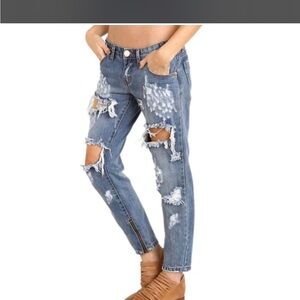 One Teaspoon Distressed Light Blue Straight Leg Jeans with Ankle Zips